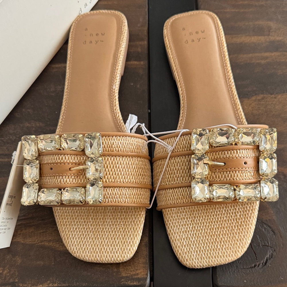 a new day Tan Jeweled Buckle Slide Mules